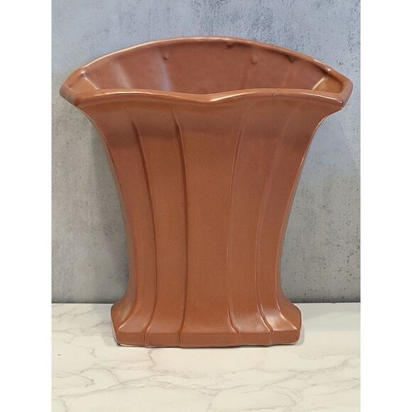 Art Deco McCoy Vase Brown Matte Finish Fan Design Vintage Planter 7.5" Décor EUC - Picture 8 of 12